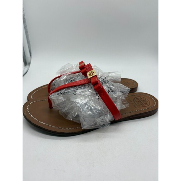 New Tory Burch Bow Thong Sandals Red Patent Leather Flat Flip Flops - Picture 3 of 11